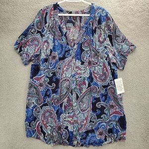 Roamans Angelina Tunic Short-Sleeve Button Front Shirt Plus Size 26W Paisley NWT